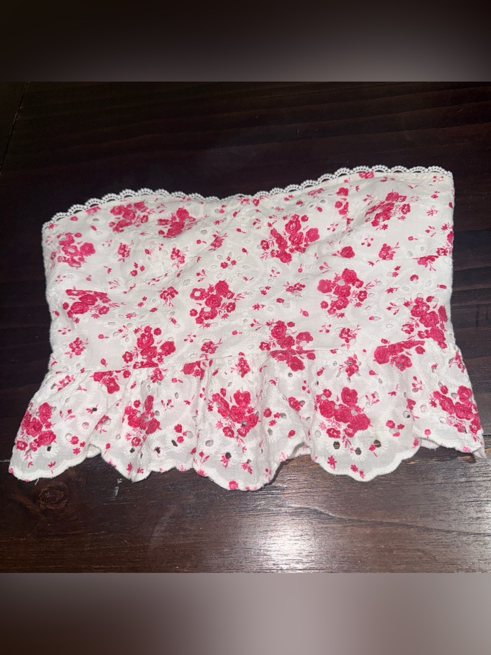 White Eyelet Strapless Crop Top with Pink Floral Print